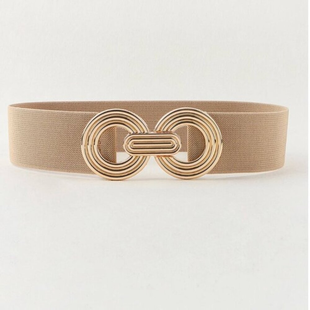 Metal Round Buckle Elastic Cinch Buckle Belt Beige/Brown